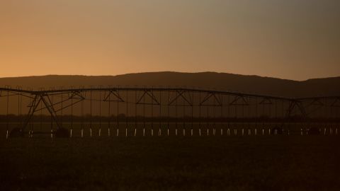 Irrigation systems run as the sun sets near Salome.