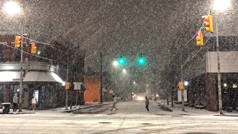 Snow fell Wednesday in Erie, Pennsylvania, as this season's first lake-effect storm hit the area.
