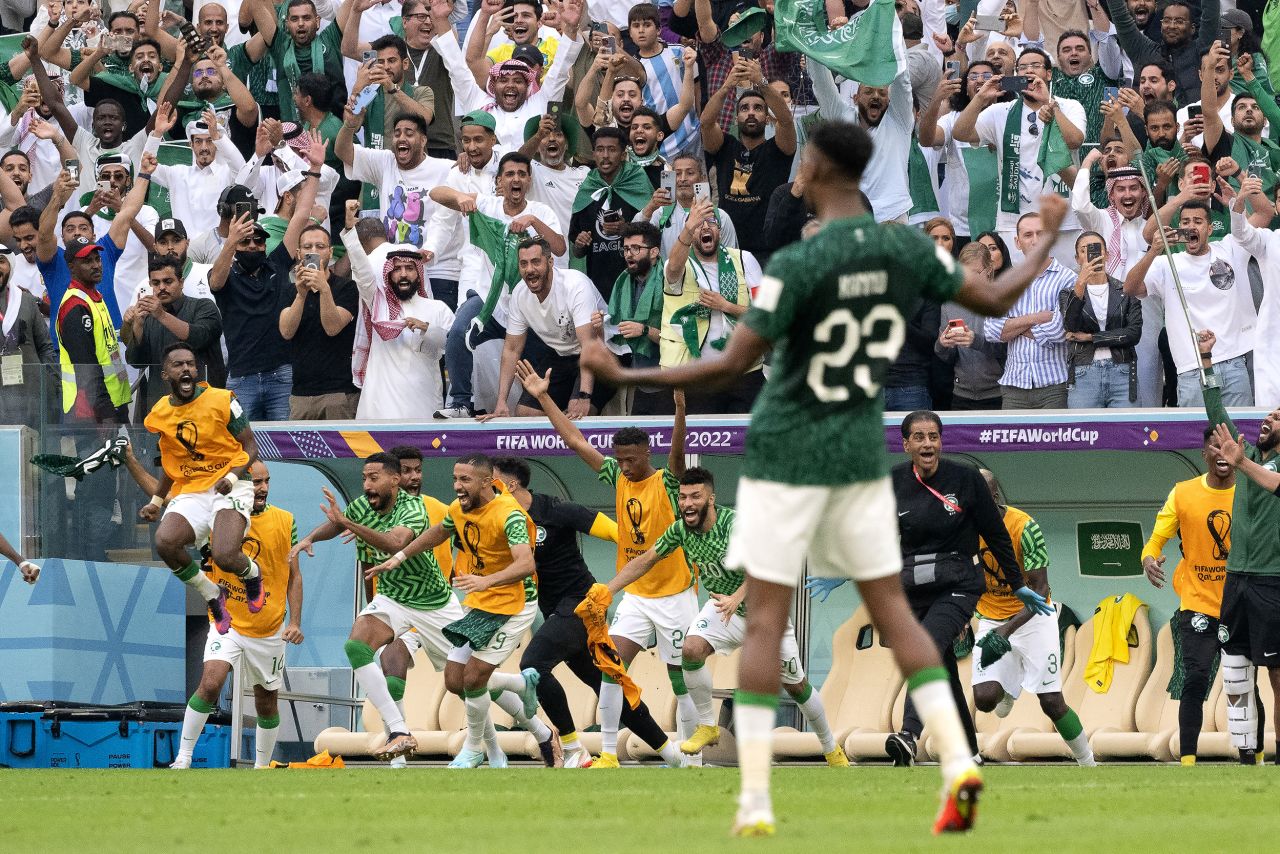 Saudi Arabia players celebrate their World Cup victory over Argentina on Tuesday, November 22. The 2-1 result is <a href=