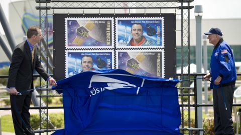 Shepard is commemorated as one of two USPS stamps released in 2011 to celebrate Project Mercury and the MESSENGER Mission respectively.