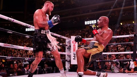Paul knocks down Anderson Silva during their cruiserweight bout at Desert Diamond Arena on October 29, 2022 in Glendale, Arizona.