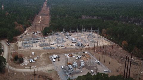 Duke Energy workers repair an electrical substation Tuesday in Mineral Springs near Pinehurst, North Carolina.