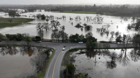 In an aerial view, floodwaters fill fields Monday in Santa Rosa, California. 