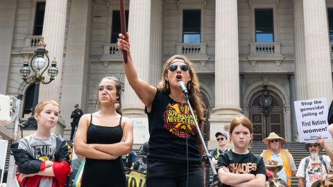 Greens senator Lidia Thorpe addresses the crowd at the Treaty Before Voice Invasion Day Protest on January 26, 2023, in Melbourne, Australia.