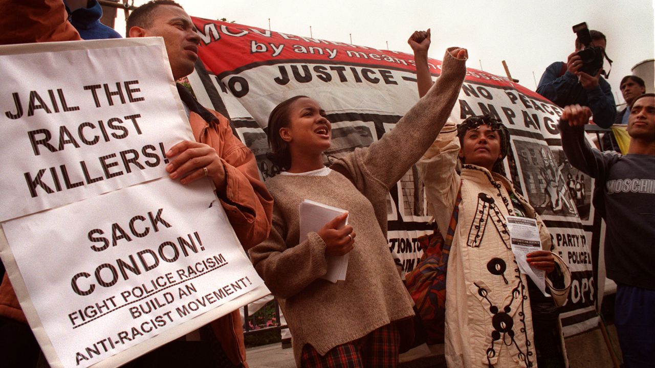 Protesters demonstrate outside the Lawrence inquiry  in south London in June 1998.