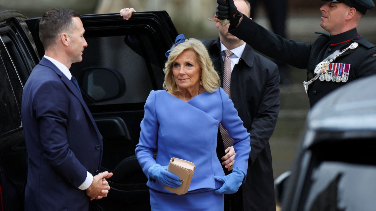 First Lady of the United States Jill Biden arrives for the coronation ceremony at Westminster Abbey in London on May 6, 2023.