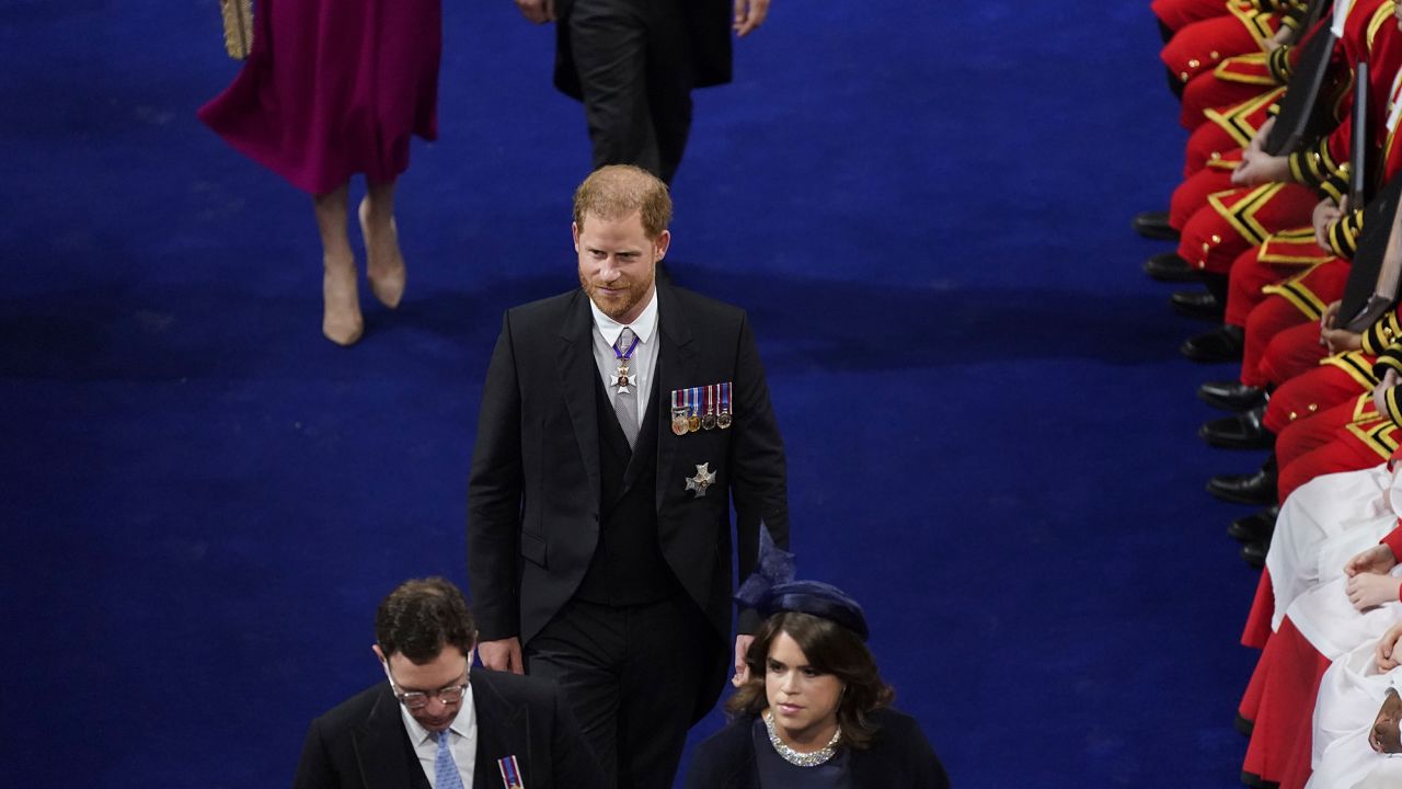 The Duke of Sussex with Princess Eugenie and Jack Brooksbank at the coronation of King Charles III and Queen Camilla at Westminster Abbey.