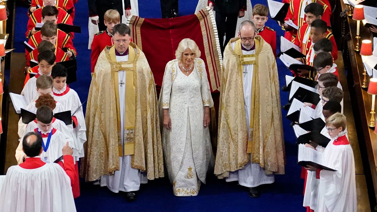 Queen Camilla and King Charles III arrive for their coronation at Westminster Abbey.
