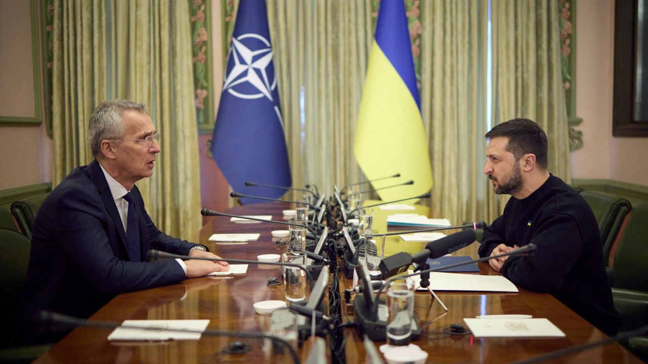 NATO Secretary-General Jens Stoltenberg (left) and Ukraine's President Volodymyr Zelensky meet in Kyiv, Ukraine, on April 20, 2023.