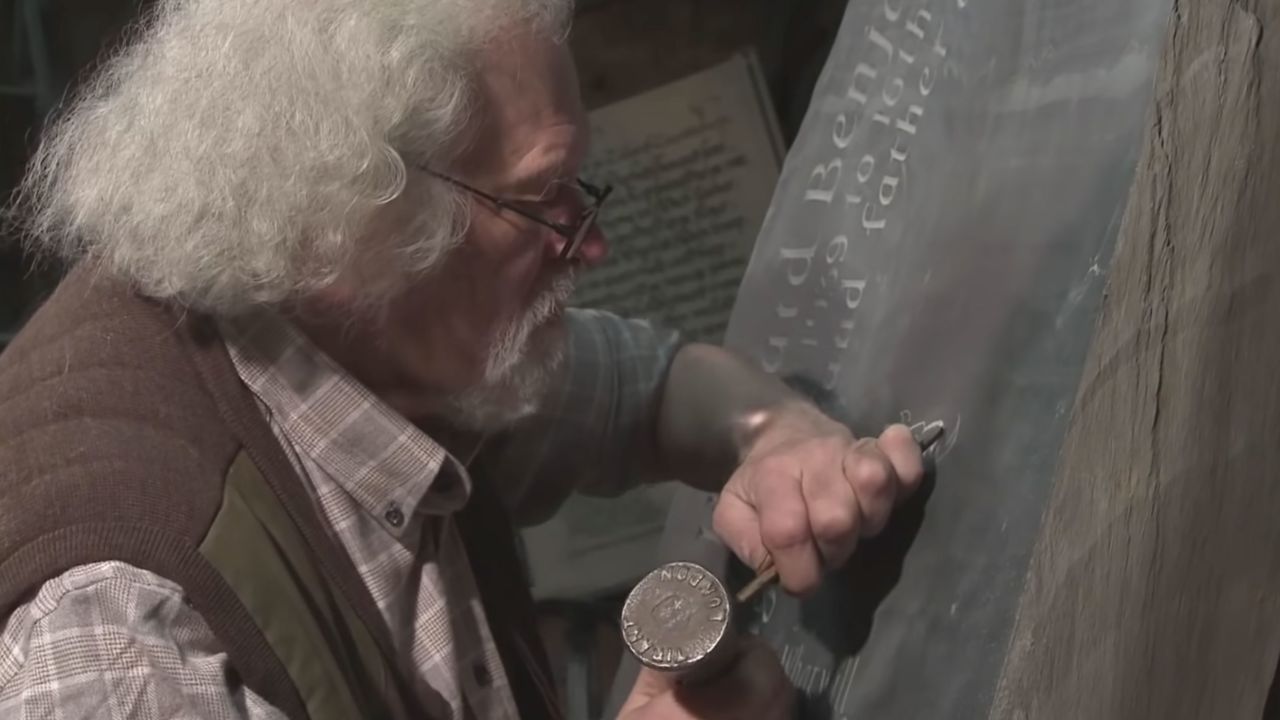 Ieuan Rees demonstrates carving stone in this YouTube video from 2012. 