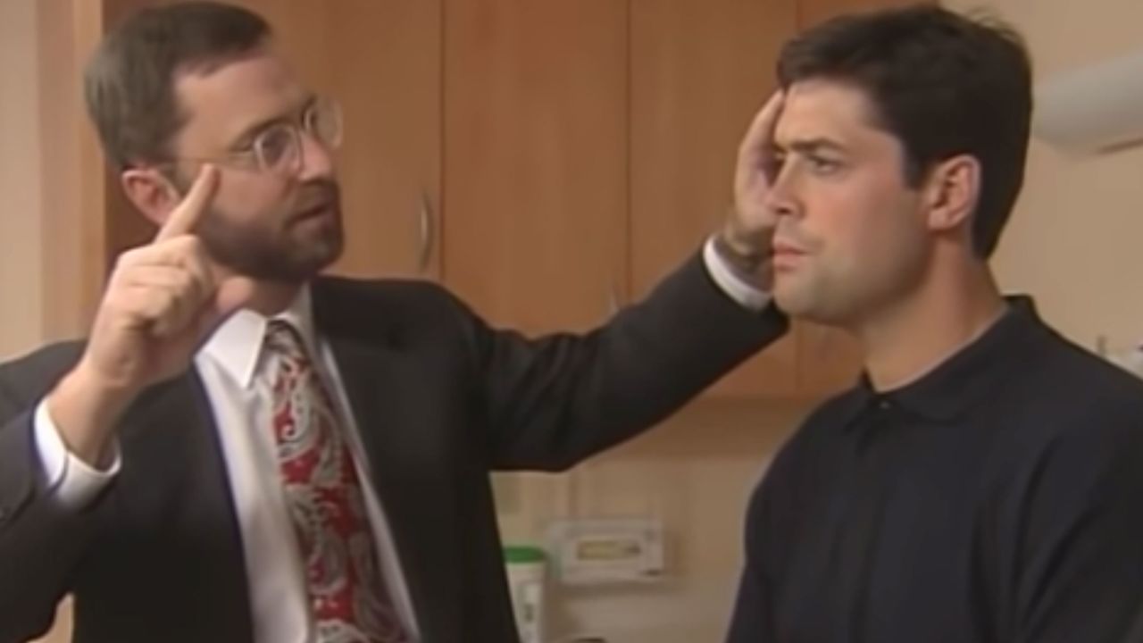 Dr. James Kelly performs a cranial nerve test on Pat LaFontaine in this YouTube video. 