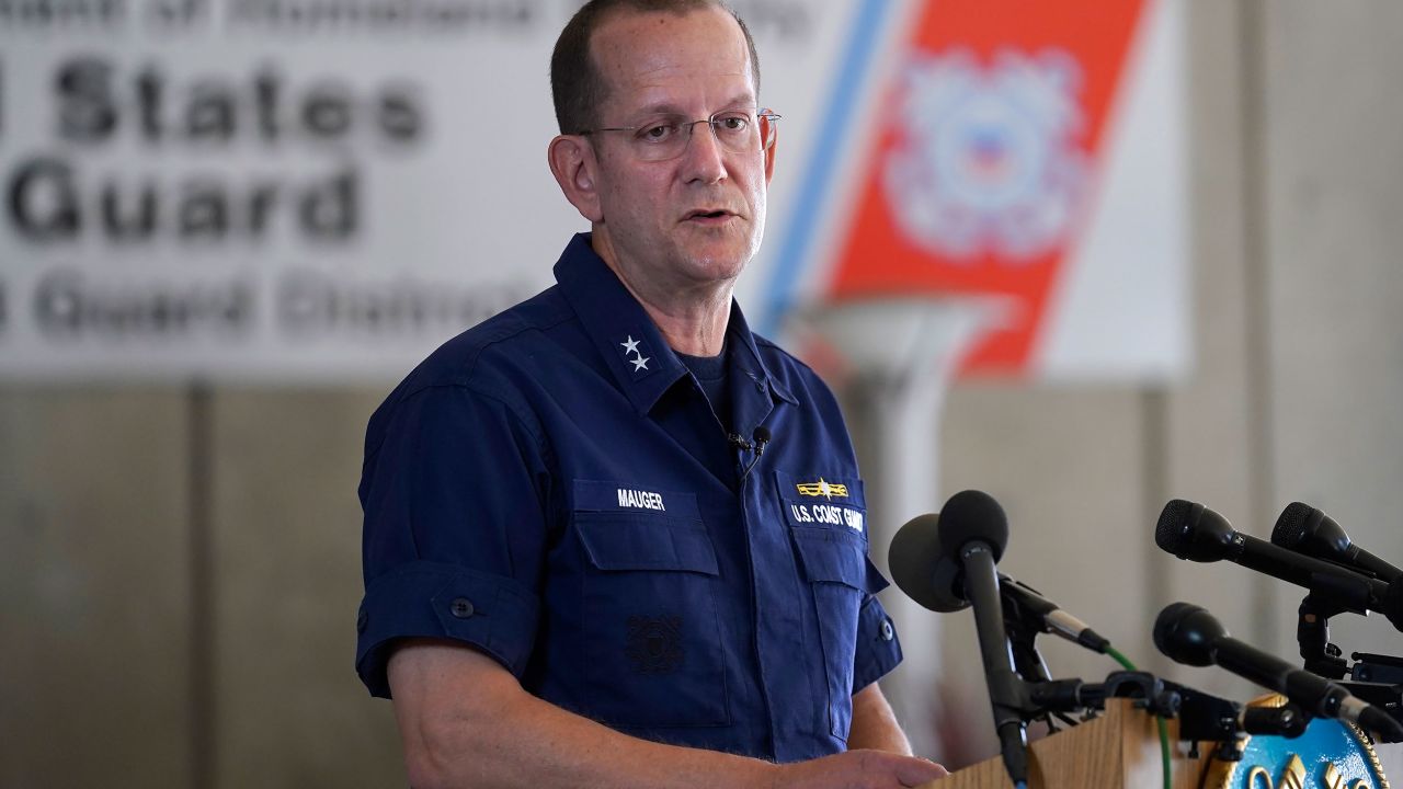 US Coast Guard Rear Adm. John Mauger, commander of the First Coast Guard District, speaks to the media, Monday, June 19, 2023, in Boston.