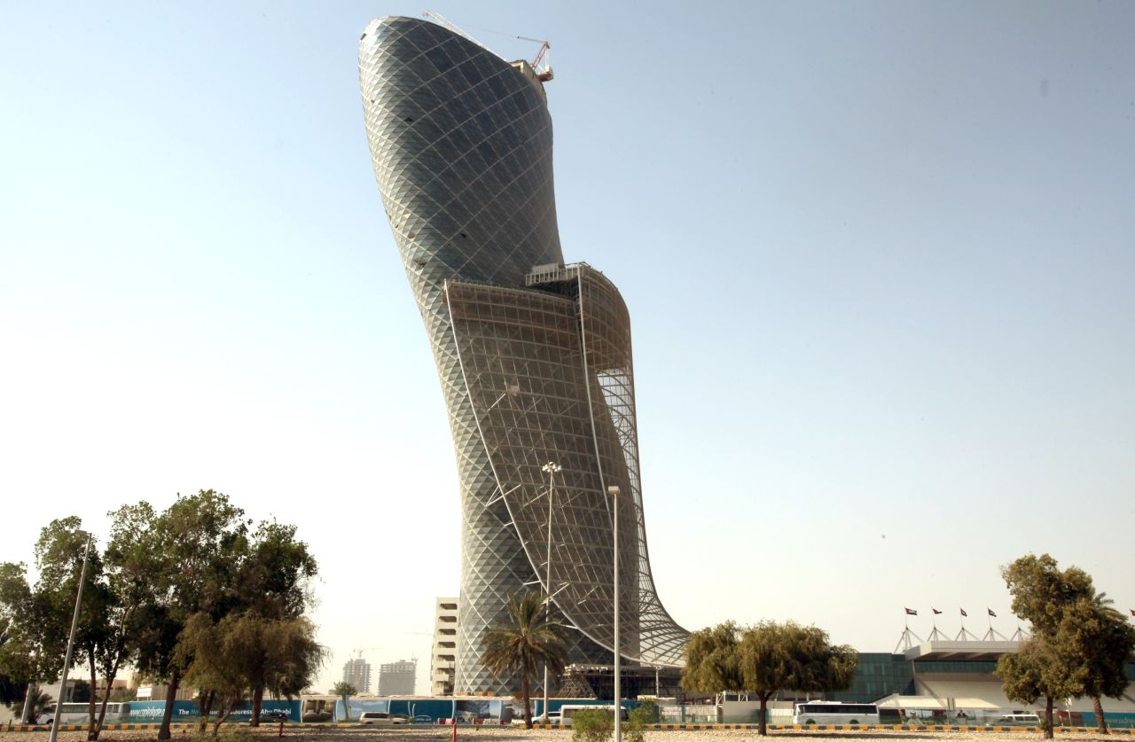 The curvaceous 540 foot (165 meter) tall Capital Gate building is now an iconic part of the Abu Dhabi skyline. Designed by British architects RMJM to tilt 18 degrees to the west -- more than four times the angle of the Tower of Pisa -- it is recognized as the 