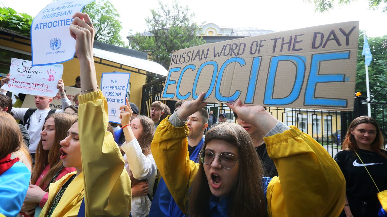 Ukrainian students at a protest in Kyiv on 8 June 2023, amid Russia's invasion of Ukraine. 