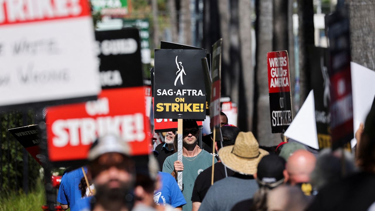 SAG-AFTRA actors strike against the Hollywood studios as they join the Writers Guild of America (WGA) on the picket like outside of Netflix offices in Los Angeles, California, U.S., July 14, 2023.   