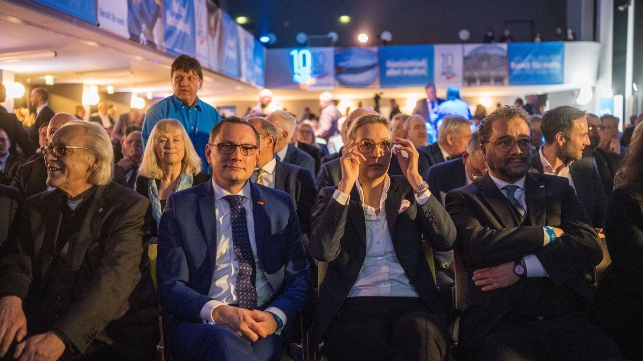 Co-leaders of the AfD Tino Chrupalla, left center, and Alice Weidel, right center, at the party's 10th anniversary celebration on February 6, 2023.