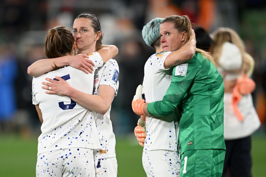 USA players comfort each other after being eliminated during the penalty shootout against Sweden in the FIFA Women's World Cup in Melbourne Sunday, August 6, 2023.