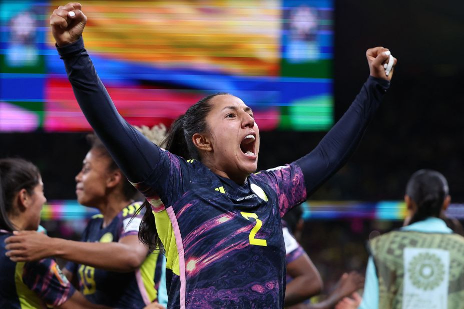 Colombia's Manuela Vanegas celebrates her team's winning goal against Germany on Sunday, June 30. The goal came in the final seconds of the match and lifted Colombia to a <a href=