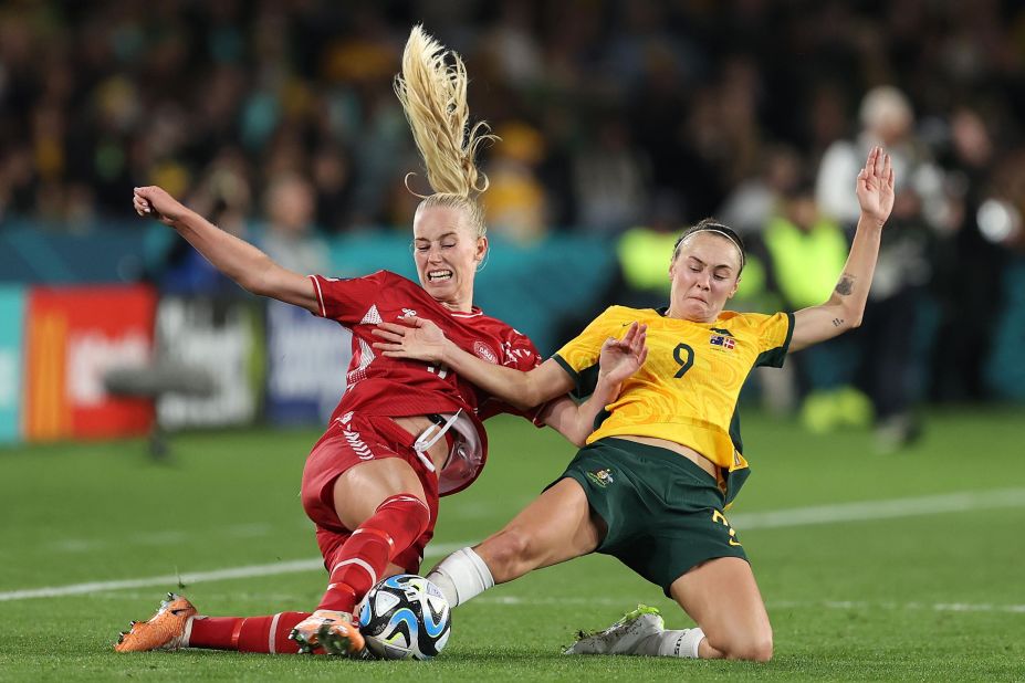 Denmark's Amalie Vangsgaard, left, and Australia's Caitlin Foord compete for the ball during a Women's World Cup match on Monday, August 7. <a href=