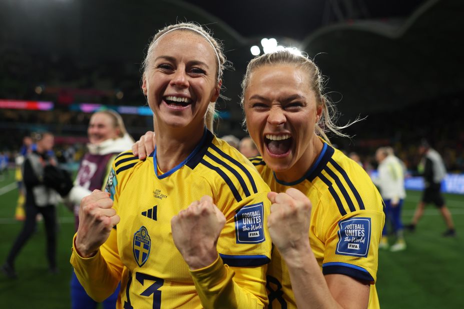 Sweden's Amanda Ilestedt, left, and Fridolina Rolfö celebrate the win.