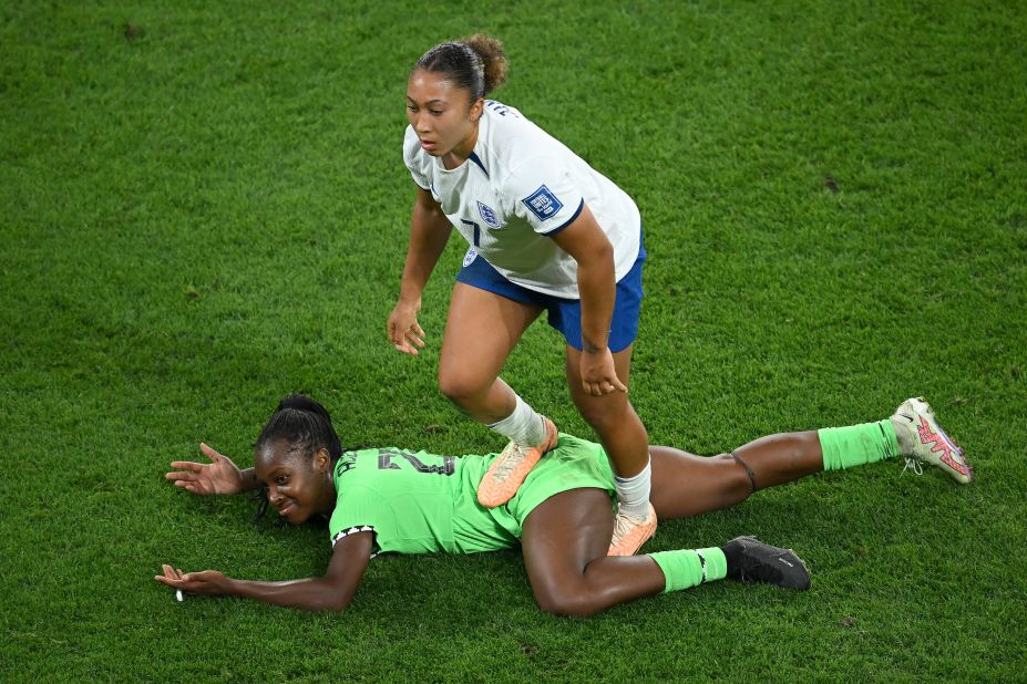 England's Lauren James received a red card in the 87th minute after stepping on Michelle Alozie.
