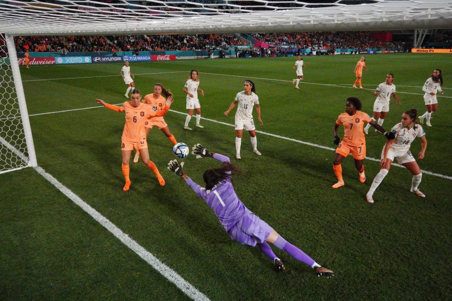 Portugal's Ines Pereira dives in vain as the Netherlands' Stefanie van der Gragt, not pictured, scores the only goal in the match on July 23.