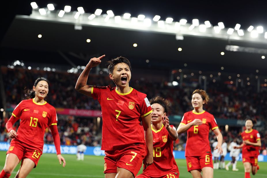 China's Wang Shuang celebrates after scoring against Haiti on Friday, July 28. <a href=