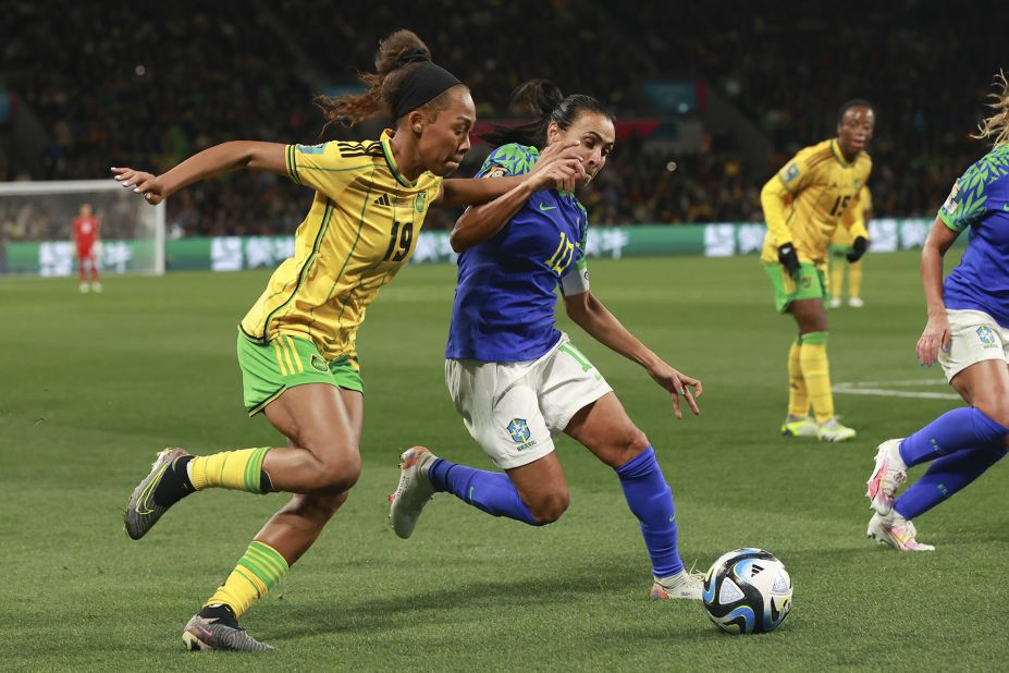 Brazil's Marta, right, competes against Jamaica's Tiernny Wiltshire during a Women's World Cup match on Wednesday, August 2. <a href=