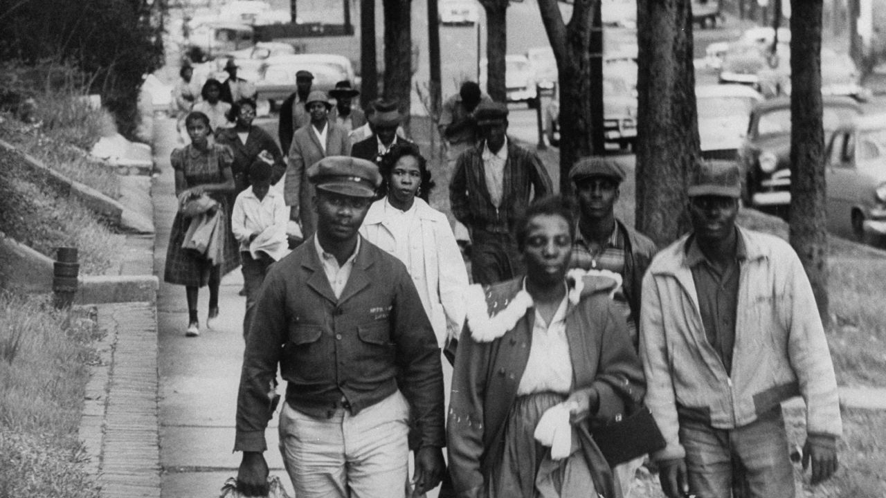 African Americans walk to work instead of riding the bus during the third month of an eventual 381-day bus boycott, Montgomery, Alabama, February 1956.