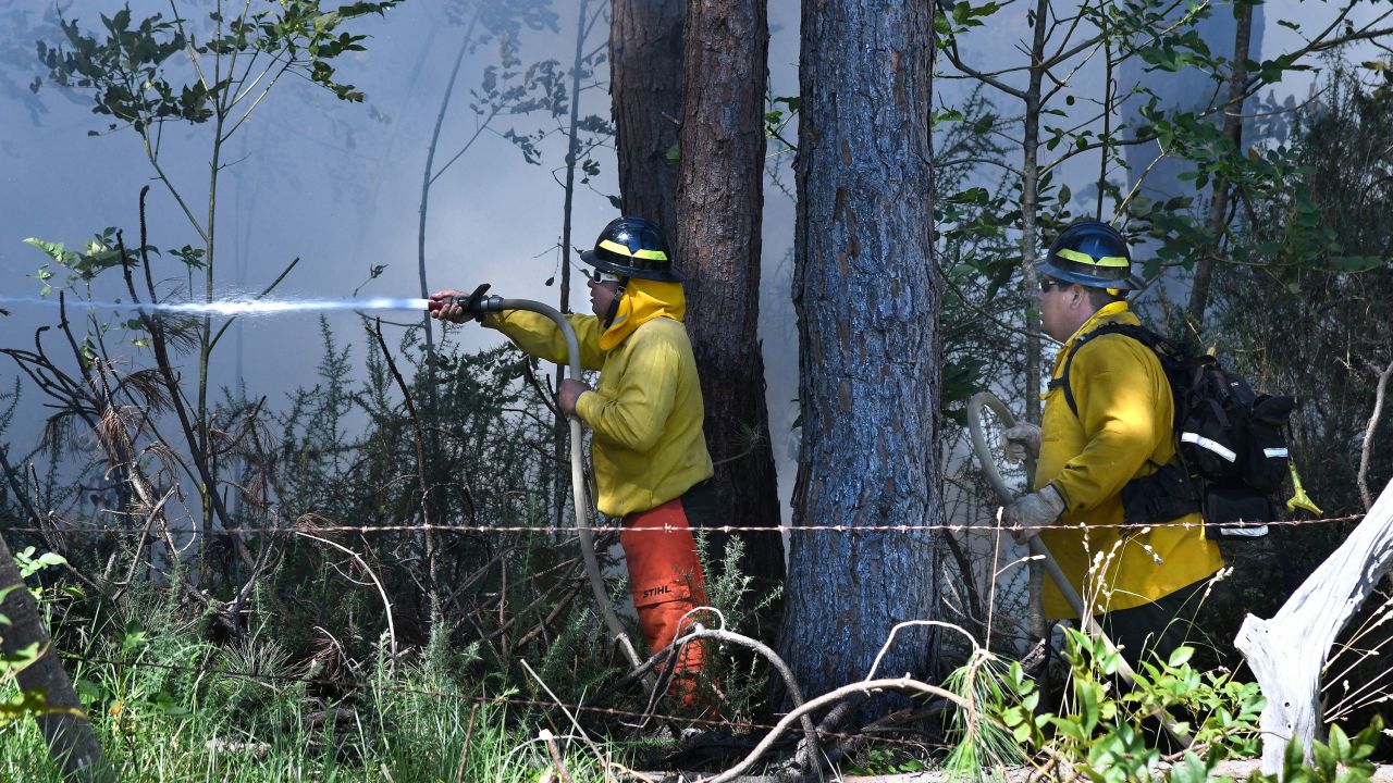 Members of a Hawaii Department of Land and Natural Resources wildland firefighting crew battle a fire Tuesday in Kula, Hawaii.