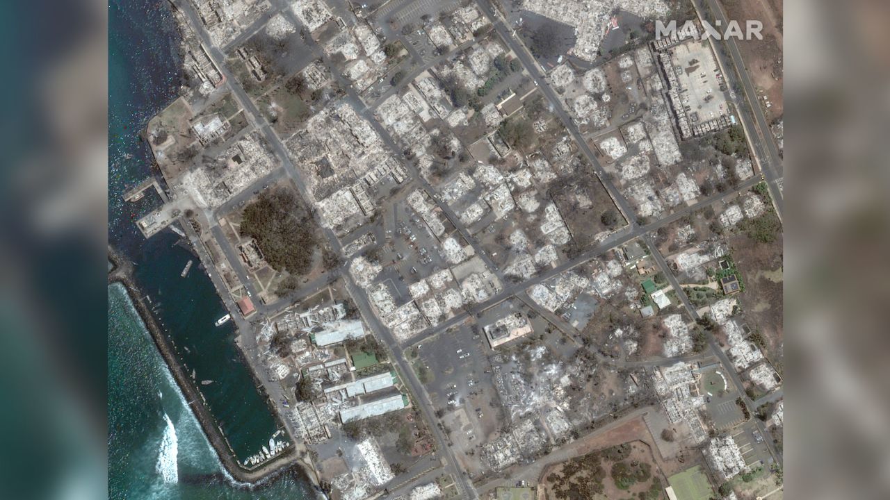 A satellite image shows an overview of wildfire destruction in Lahaina on Wednesday.