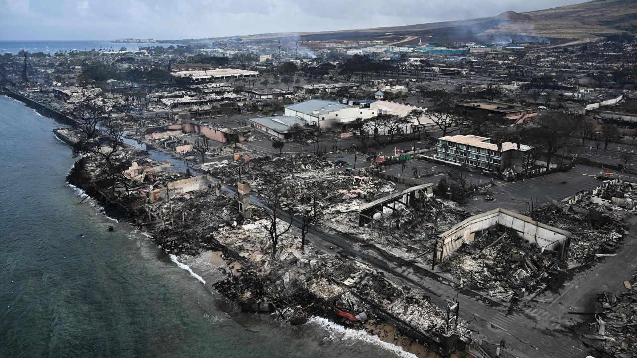 An aerial image taken Thursday shows destroyed homes and buildings on the waterfront in Lahaina.