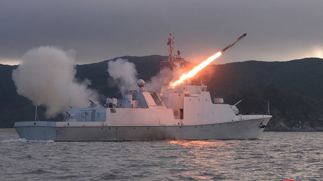 A cruise missile being launched from a patrol ship belonging to the East Sea Fleet of the North Korean Navy.