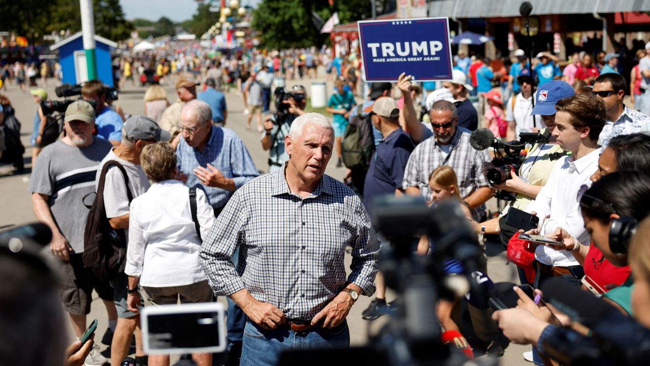 Republican presidential candidate and former Vice President Mike Pence campaigns for the 2024 Republican presidential nomination at the Iowa State Fair in Des Moines, Iowa, on August 11, 2023.