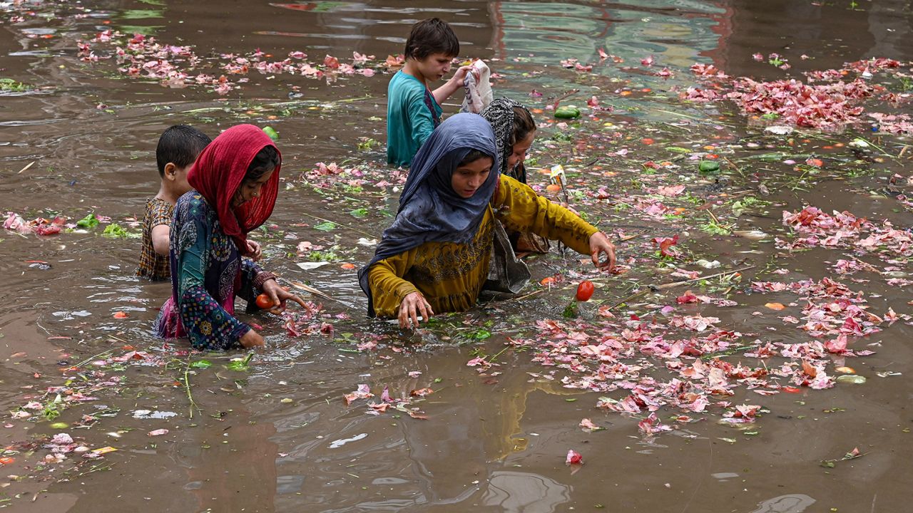 Children pick vegetables from water at a flooded market after heavy rainfall in Lahore on June 26, 2023. 