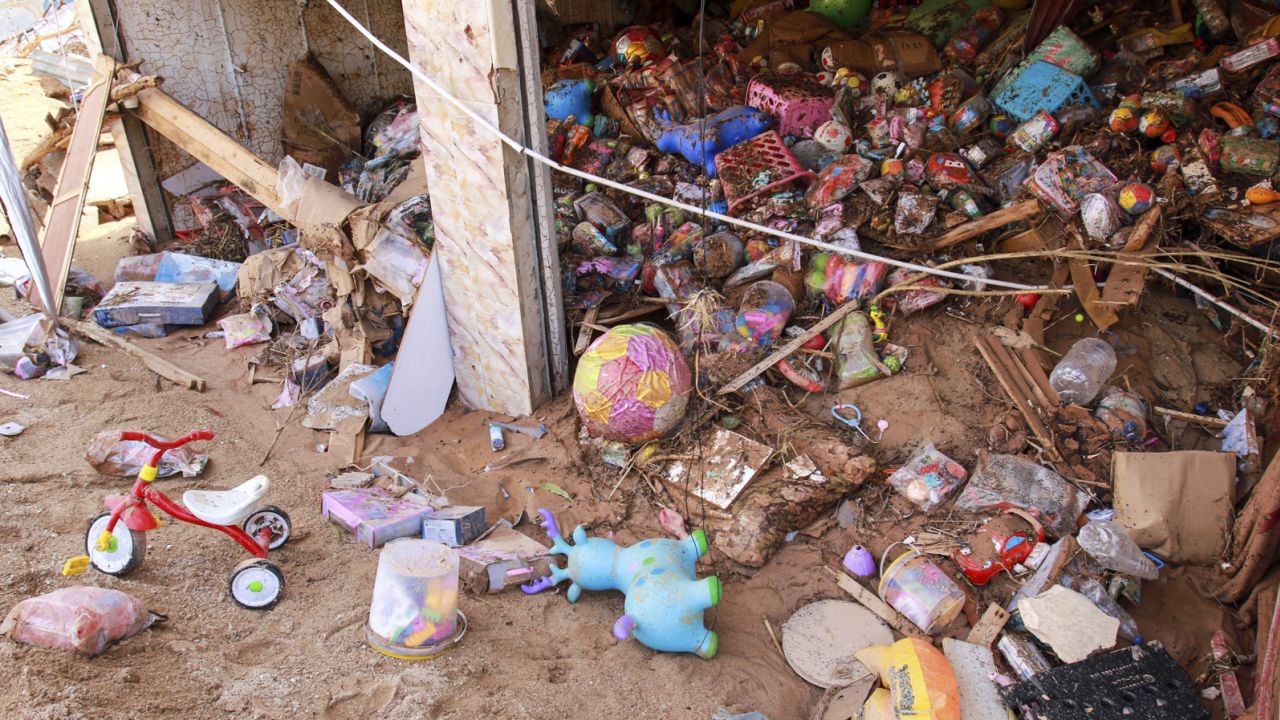 Toys are seen in a flash flood damaged shop in Derna, eastern Libya, on September 11, 2023. 