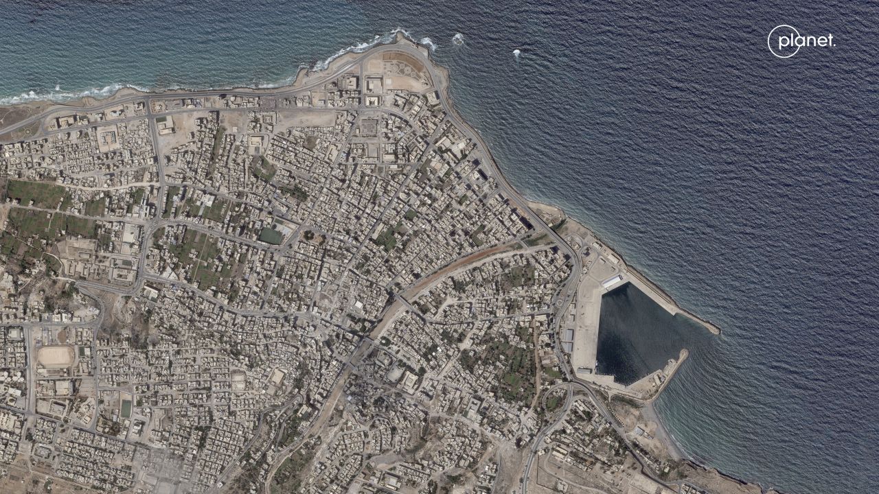 A satellite photo shows Derna on Sept. 2, 2023, before flooding, via Planet Labs PBC.