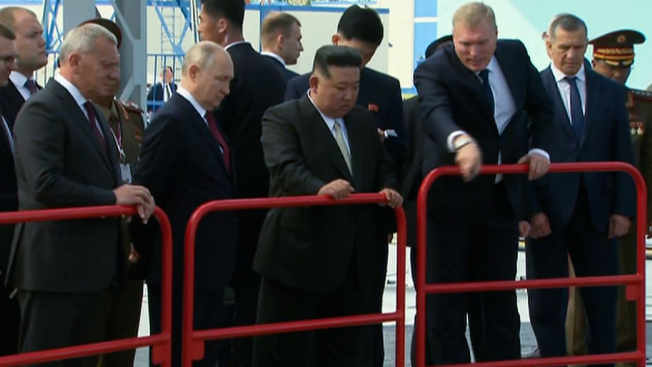 Kim Jong Un and Vladimir Putin inspect the launch complex inside the Vostochny Cosmodrome.