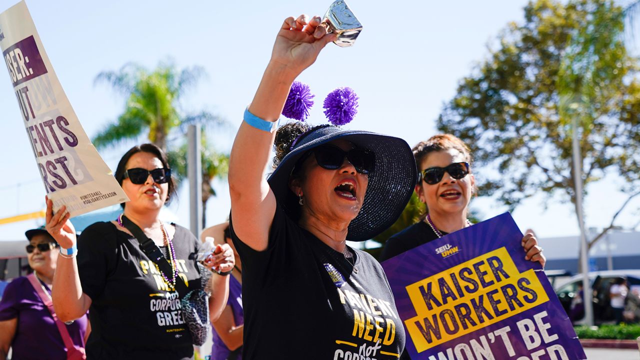 Kaiser Permanent workers picket Thursday, Oct. 5, 2023, in Baldwin Park, California. 