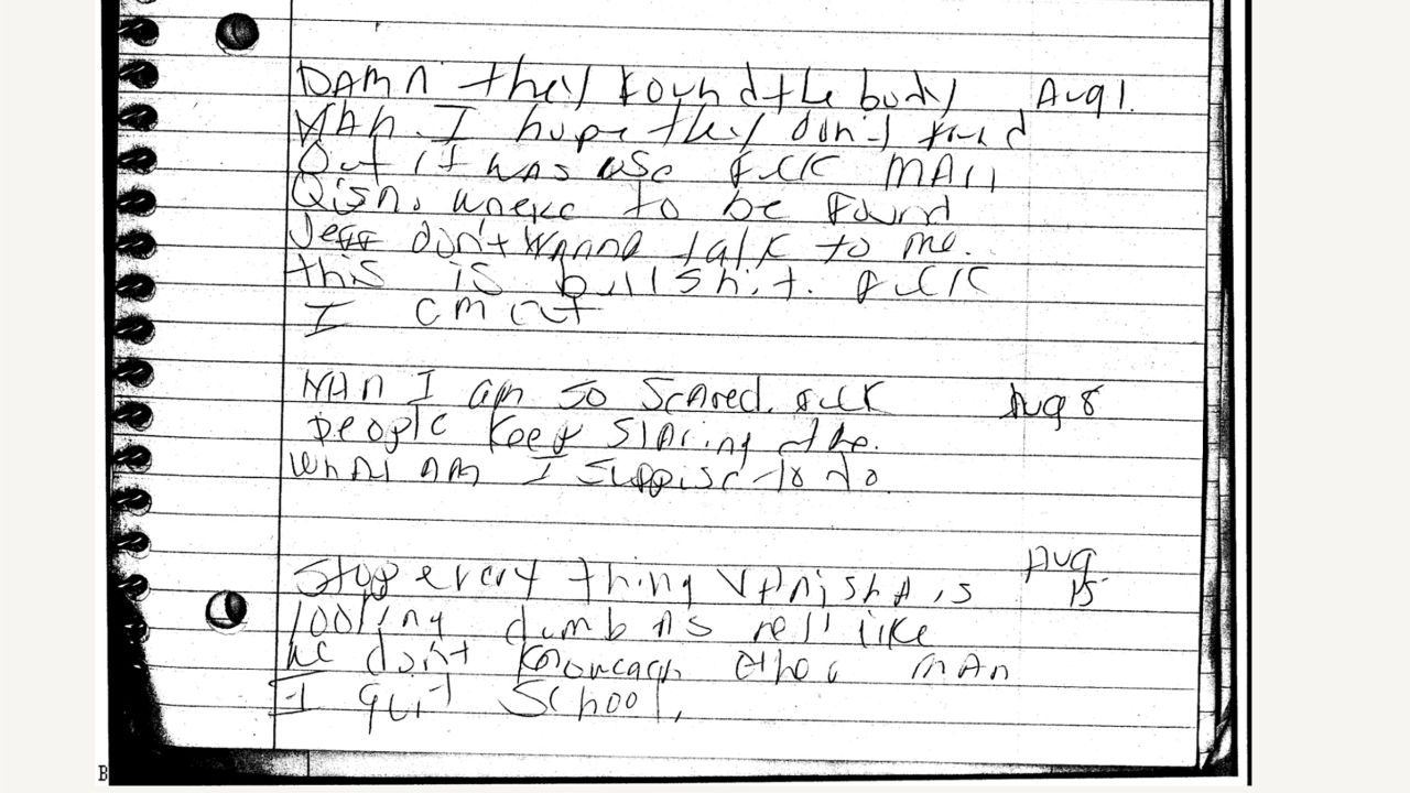 The prosecution presented this diary page as Victoria Caldwell's, written the month that Jessica Currin's body was discovered at the middle school.