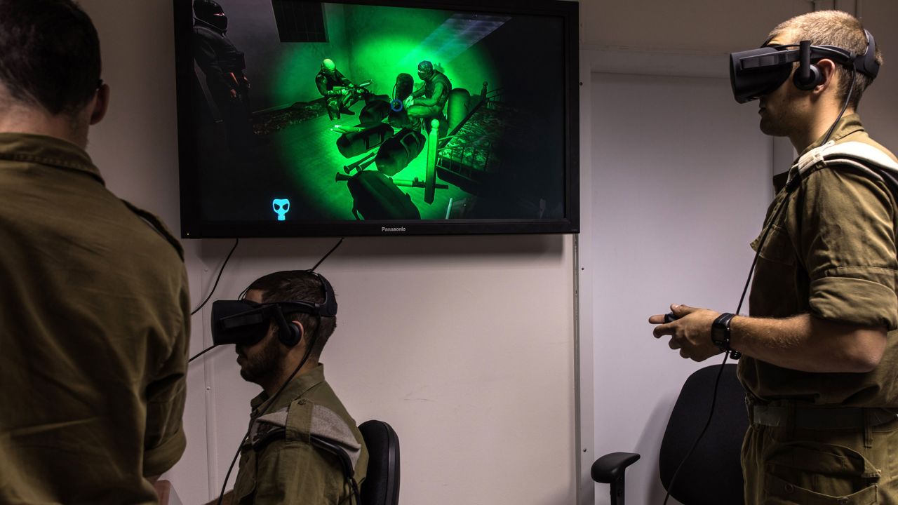 Israeli special combat soldiers conduct a training exercise using virtual reality battlefield technology to simulate Hamas tunnels leading from Gaza to Israel at an Israeli Army base in Petach Tikva in April 2017.