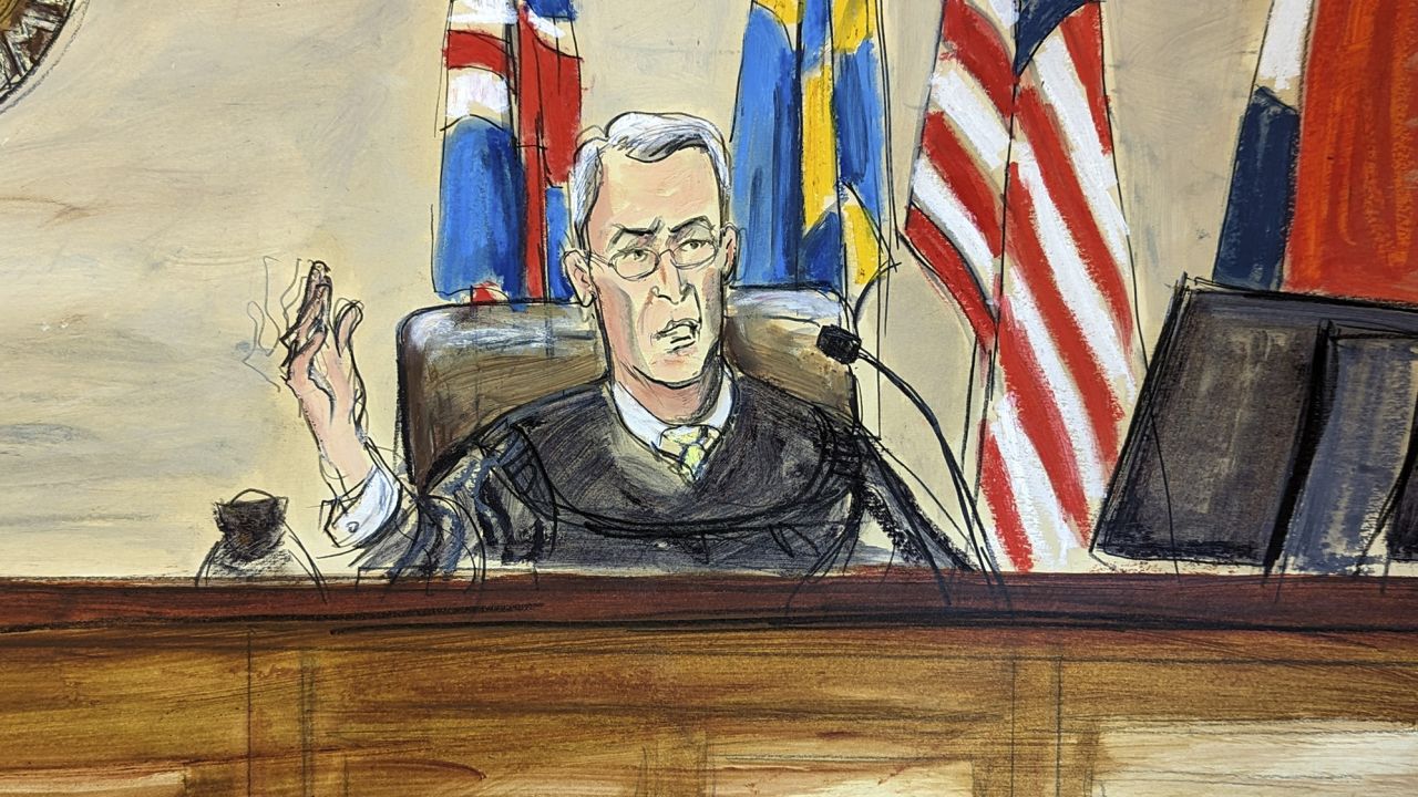 This artist sketch depicts Judge Eric Davis of Delaware Superior Court on the bench Monday, April 17, 2023, in Wilmington, Delaware.
