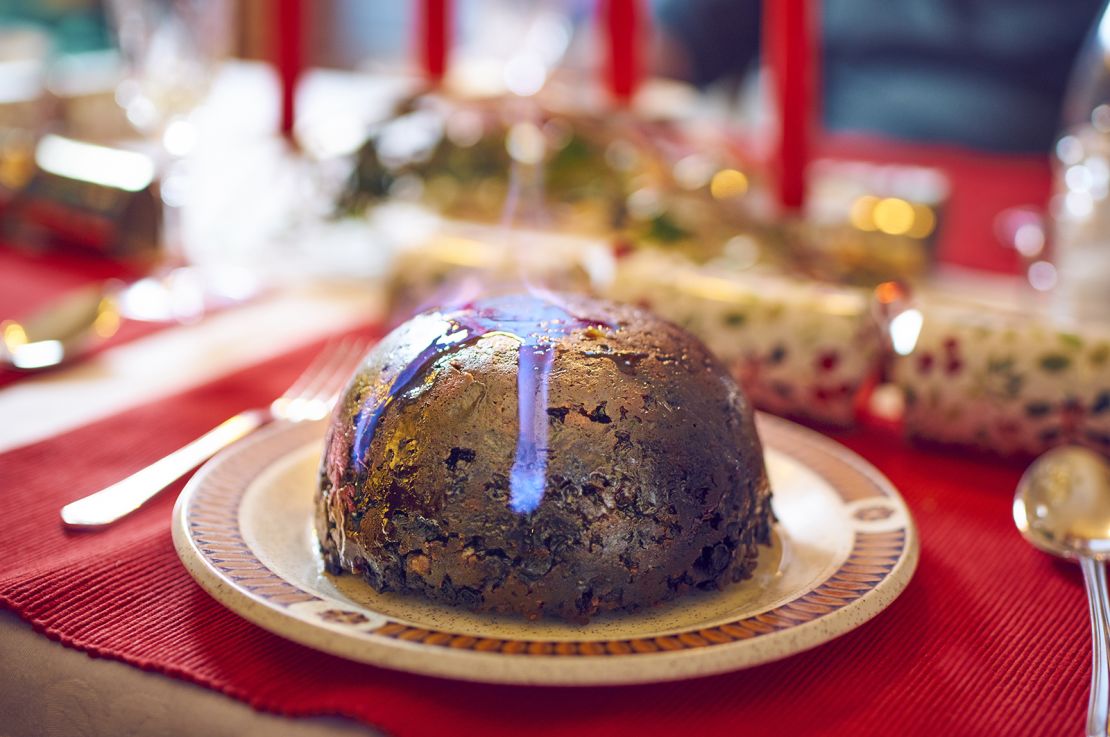 Christmas pudding, sometimes flaming with brandy, finishes the traditional English Christmas feast.