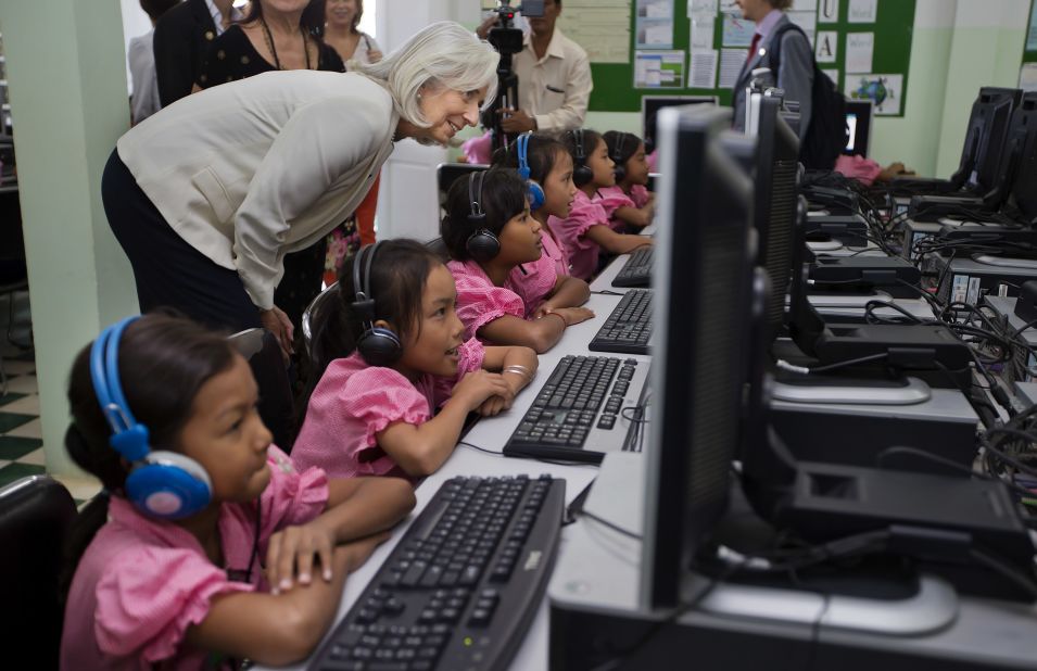 In April 2012, Lagarde was named an officer in the Ordre national de la Légion d'honneur. The Order is the highest decoration in France and is divided into five degrees of which officer is the fourth. </p><p>Here, Lagarde watches school girls in the computer room at Toutes a l'Ecole school in Kandal province, Cambodia. The school was visited as part of a three country trip to Asia in December 2013.