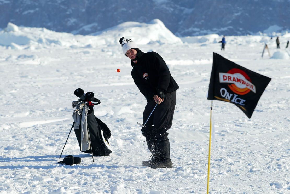 Jack O'Keefe of USA in action during the 2002 Drambuie World Ice Golf Championships in Uummannaq, Greenland.